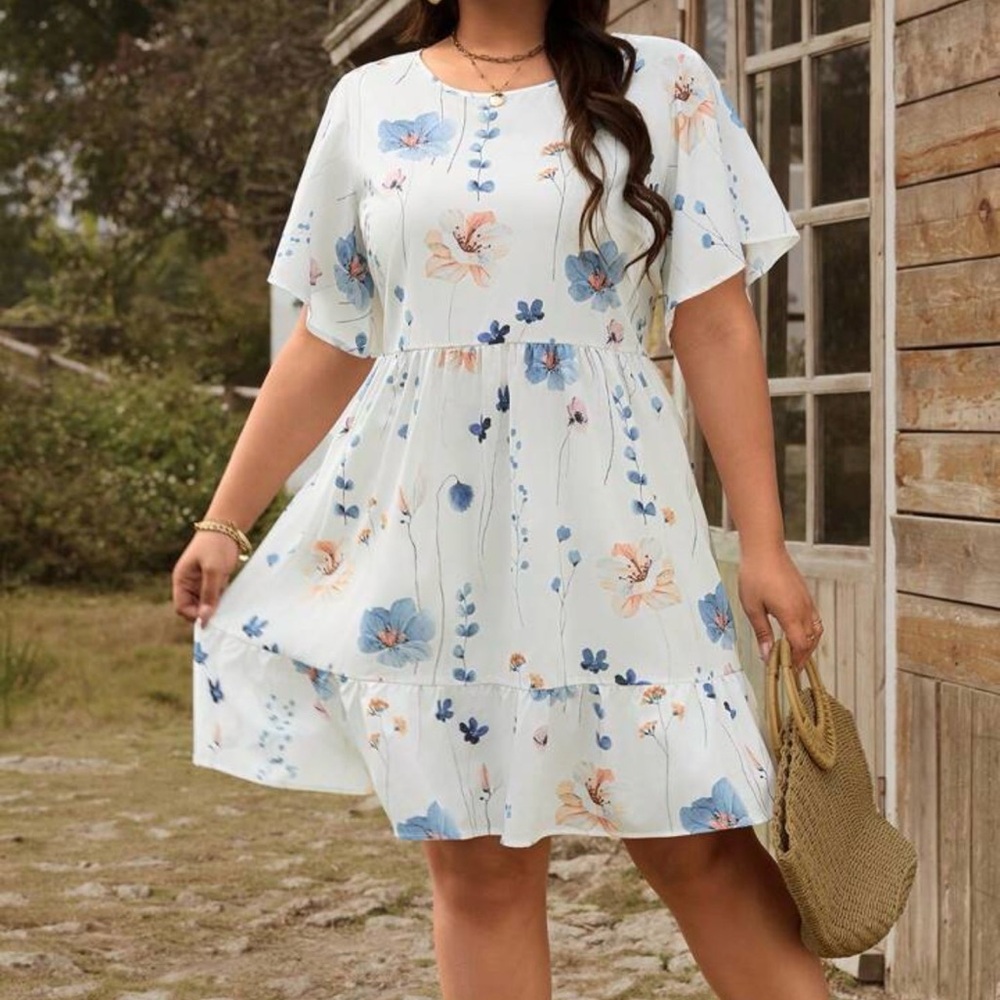 White and Blue Floral Tiered Dress